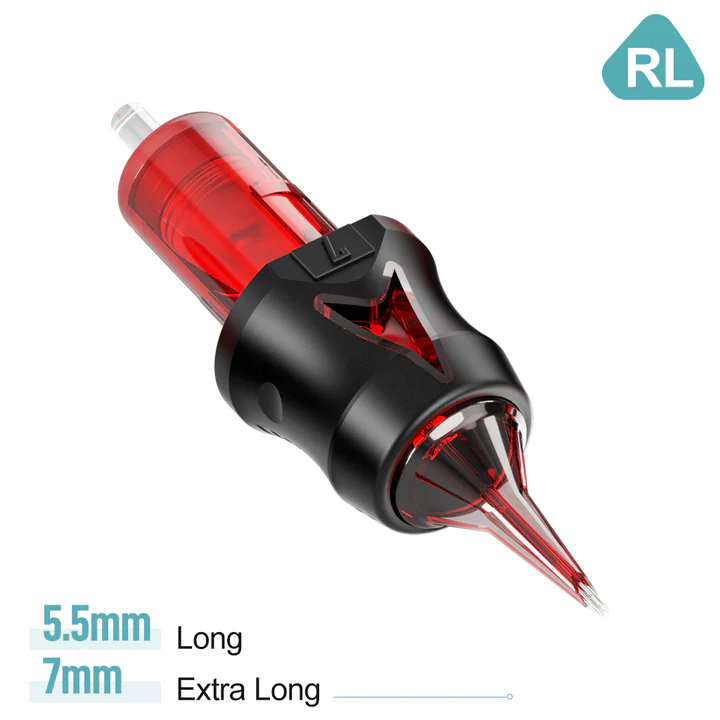 OG Red Arrow Round Liner (RL) Tattoo Needle Cartridges – medical-grade stainless steel, transparent tip casing, EO-sterilized blister packs, CE-certified, with multiple configurations from 0.18 mm Super Bugpin to 0.35 mm Regular.